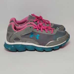 Girls Under Armour Pink Gray Blue Athletic Lace Up Sneakers Shoes Youth Size 5Y